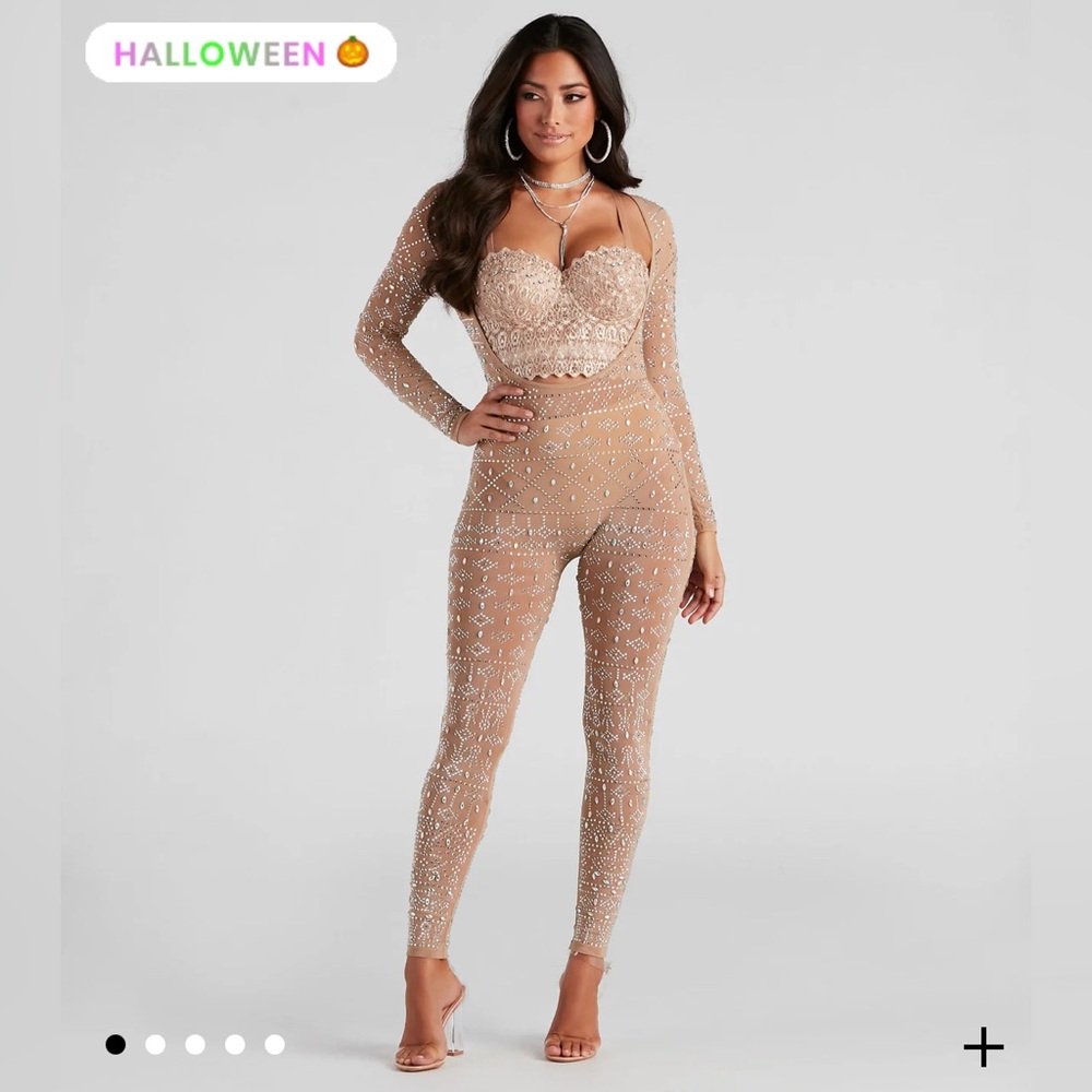 Windsor Nude Iridescent Stunner Rhinestone-Embellished Sheer Catsuit/jumpsuit